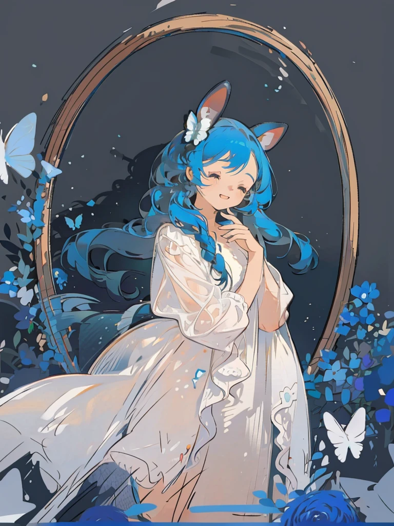 bust-up, 1girl, tosca blue hair, butterfly picking up strands of hair, blue flower, deer ears, white deer antlers, elegant white dress, happy expression, splash cool background, solo, sketch, portrait, dynamic pose