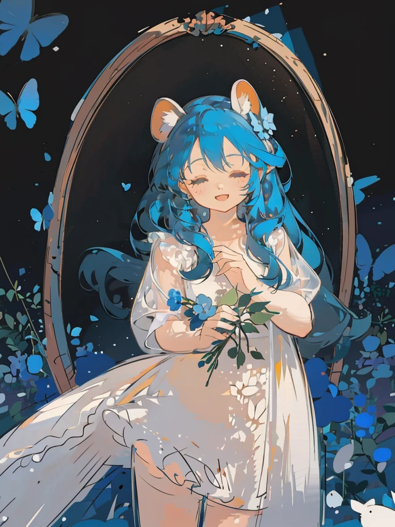 bust-up, 1girl, tosca blue hair, butterfly picking up strands of hair, blue flower, deer ears, white deer antlers, elegant white dress, happy expression, splash cool background, solo, sketch, portrait, dynamic pose