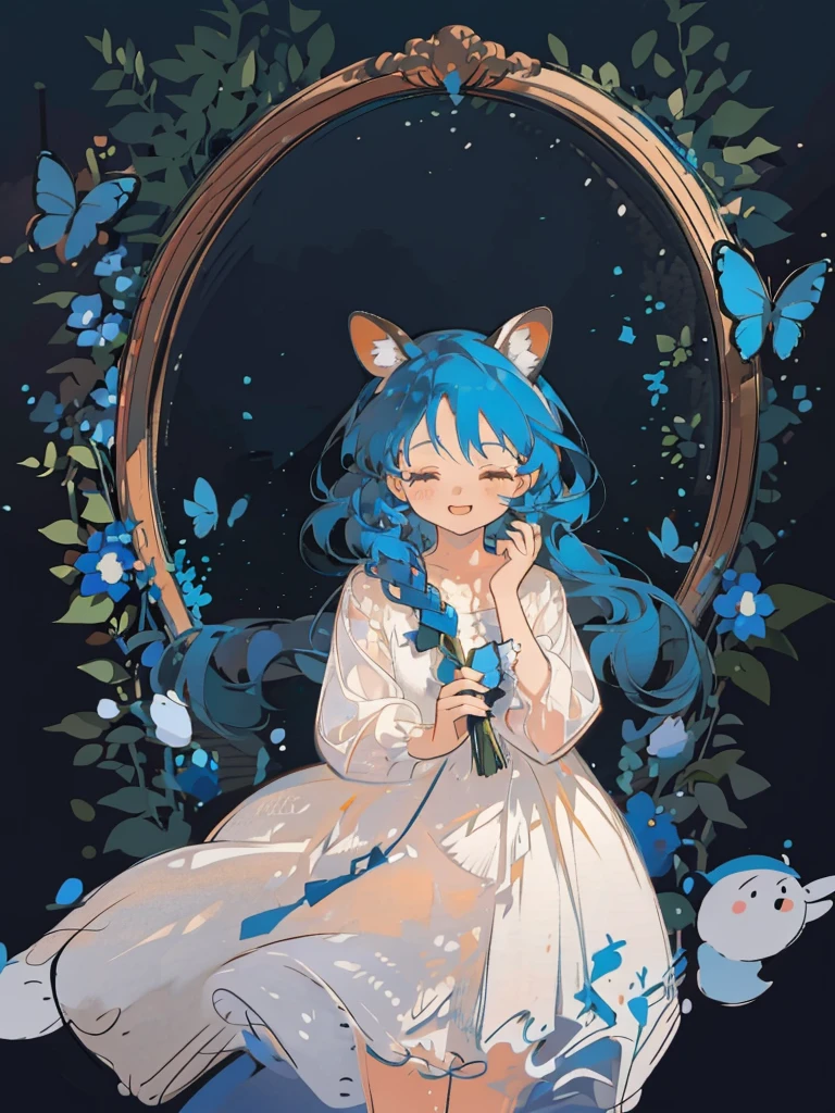 bust-up, 1girl, tosca blue hair, butterfly picking up strands of hair, blue flower, deer ears, white deer antlers, elegant white dress, happy expression, splash cool background, solo, sketch, portrait, dynamic pose