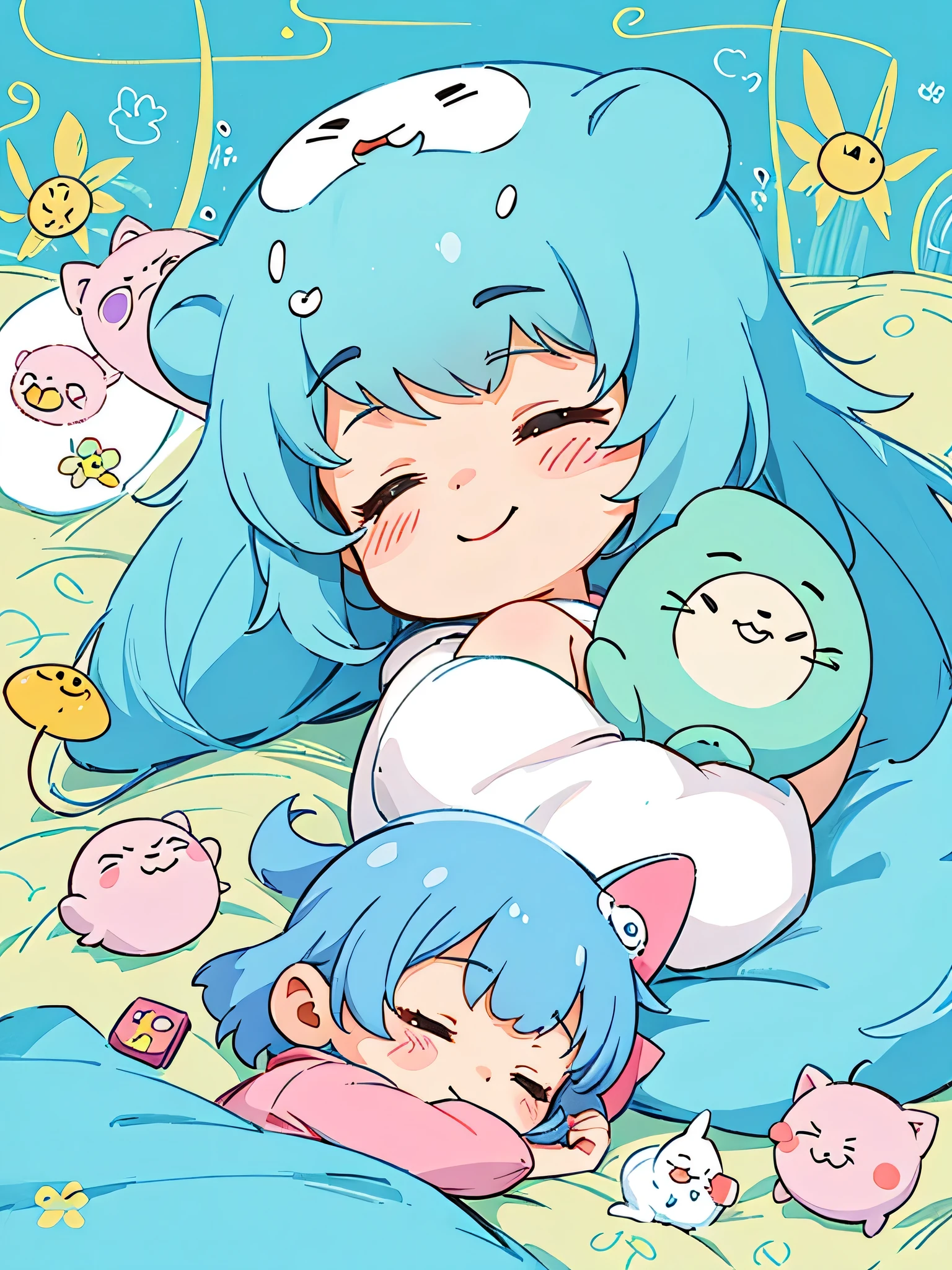 Hayao Miyazaki style, Kawaii Design, The most beautiful girl of all time、chibi, cute alien、smile, (((nap))), hospital bed