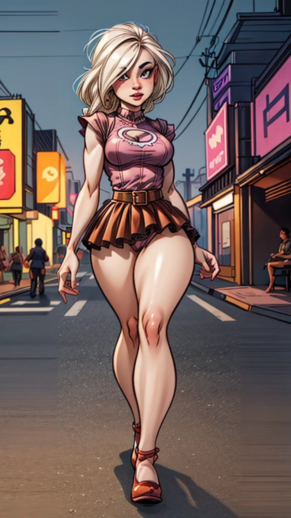 Full body frontal view of an albino woman with freckles, highly detailed face, large, well-detailed eyes, extremely beautiful, extremely slender, symmetrical body, thin waist, wide hips, thighs (thick with muscles), sensualizing with her mouth, with a highly exciting seductive expression, wearing short brown leather skirt, and a short pink blouse, showing her belly, in the busy neon-lit night streets of Bangkok, ultra-realistic image, perfect symmetry, vibrant and sharp, dynamic vision, high level of detail and definition, 1200 PPI - Photographic resolution with greater color realism, hyper-realistic, high fidelity, cinematic, 16K UHD image resolution.