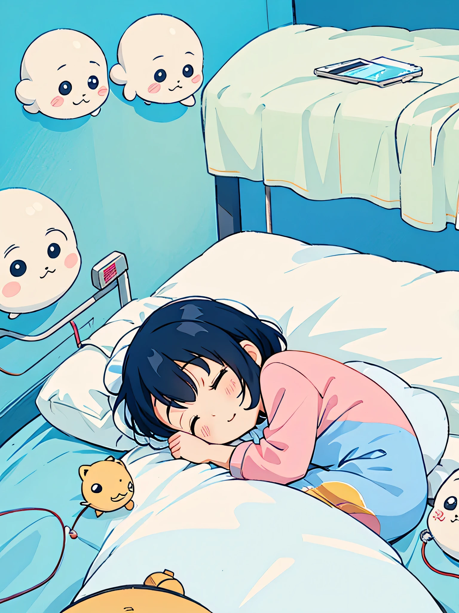 Hayao Miyazaki style, Kawaii Design, The most beautiful girl of all time、chibi, cute alien、smile, (((nap))), hospital bed