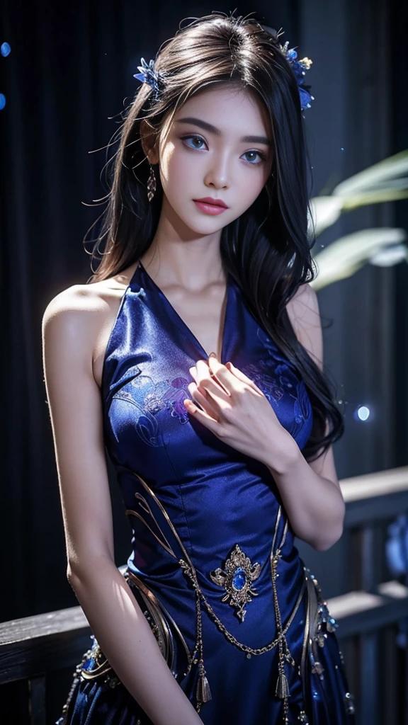 Full figure, seven -clinging shooting, 18 years old, wearing  firefly clothes, exquisite faces, details, hands, ultimate details, amazing magnificence, Pedaipan style, fiber hair, glowing blue iris, glowing blue iris. ,,