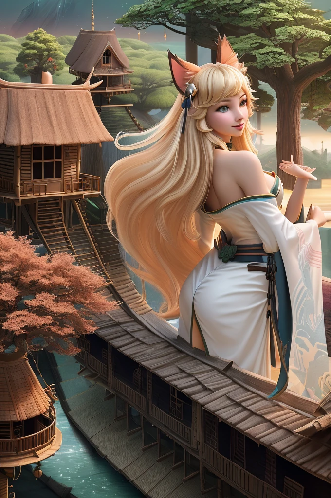 close up 1girl in, Ahri, league of legends, teenager, Solo, long hair, super long blond hair, pale skin, full medium breasts, cleavage, runners body, (thin hips, thin waist: 1.25), (arched back:1.12), detailed skin, neutral face, mischievous smile, revealing clothes, (wearing fox ears, 9 fox tails, revealing off the shoulder kimono: 1.1), (detailed tree house village background:1.4), dark rooftop, overlooking apocalyptic city, 4k textures, soft light, elegant, highly detailed, sharp focus, soothing tones, insane details, intricate details, hyperdetailed, low contrast, exposure blend, hdr, faded