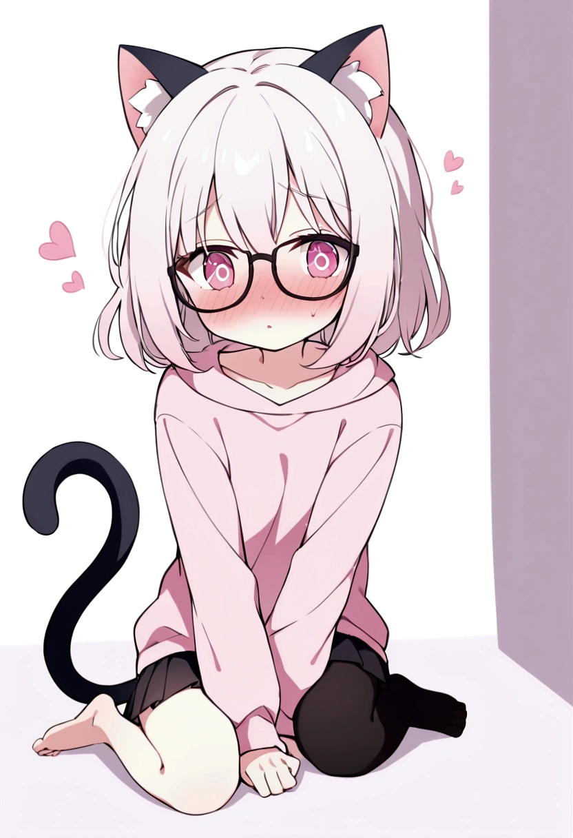I have white pink hair, cat ears, a bow, my face is super blushing, black glasses, pink heart eyes, a big pink sweatshirt, a black skirt, black stockings, what&#39;s up, barefoot, a cat&#39;s tail, a girl Very shy