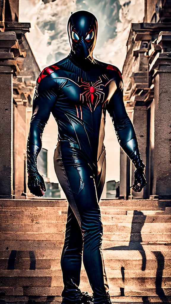 ((Highest quality)), ((masterpiece)), (detailed), movie,City of night,Street lamp,Spider Head,spider arm,Male body,Black bodysuit,Black rider jacket,Black boots