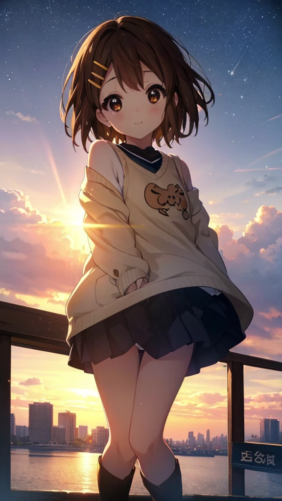 yuihirasawa, Yui Hirasawa, short hair, Brown Hair, hair ornaments, (Brown eyes:1.5),blush,smile,White oversized one-shoulder sweater,Black pleated skirt,White Pantyhose,short boots,Hair Clip,((Panties in full view))、smile、Overlooking the city from the top of the hill、Beautiful sunset、the wind is strong、whole bodyがイラストに入るように,
break otdoors, 丘
break looking at viewer, whole body、
break (masterpiece:1.2), Highest quality, High resolution, unity 8k wallpaper, (shape:0.8), (Beautiful and beautiful eyes:1.6), Highly detailed face, Perfect lighting, Extremely detailed CG, (Perfect hands, Perfect Anatomy),