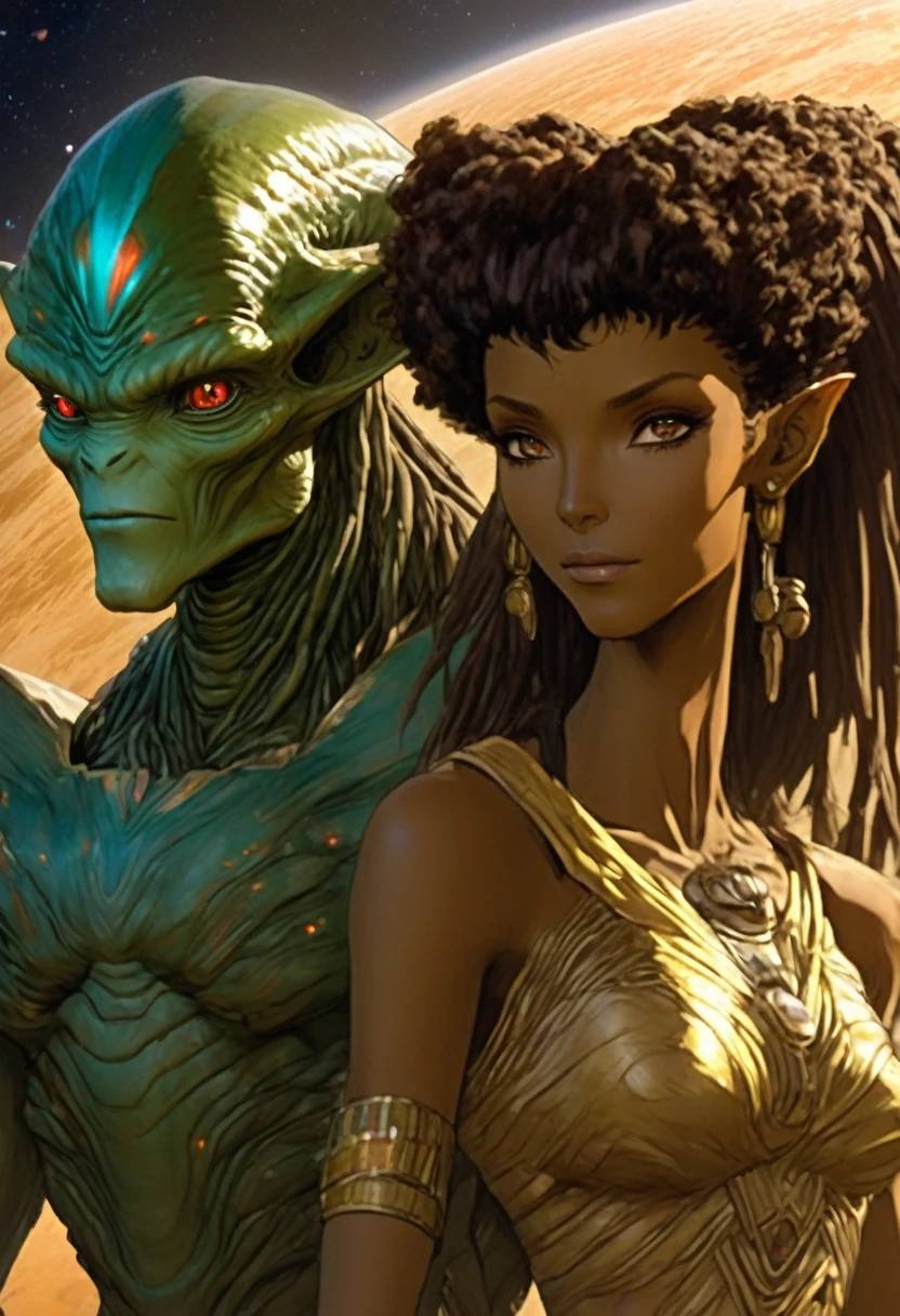 ( High quality , ultra detailed, careful with hand )a alienish alien like races species near humans humanoid hominid epic ancient female male race, on attractive couples on a alien epic civilization worlds as part of a alien multiworlds empire more anime semi realism look feel exotic