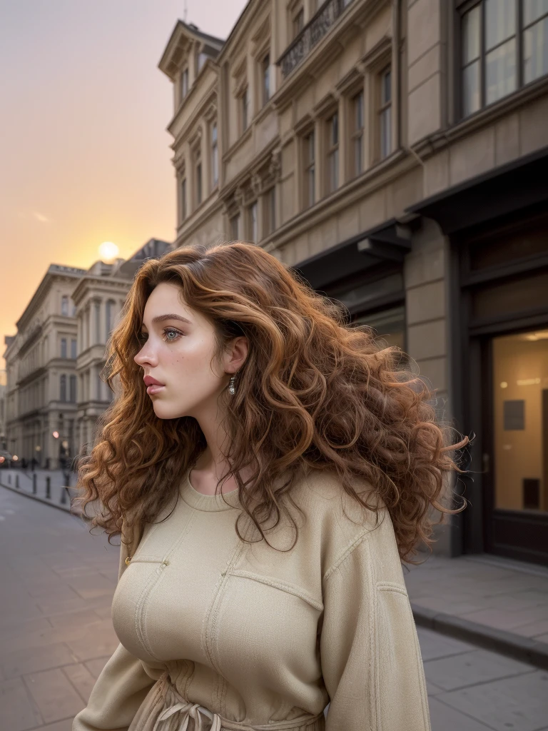 A photorealistic portrait of a young European female model with big, curly brown hair, wearing fashionable street clothes, shown in a mid-shot capturing her confident stance, 6k resolution, intricate details on her hair texture and clothing, set against a urban street backdrop with a mix of modern and classical architecture, highlighted by soft evening sunset lighting.