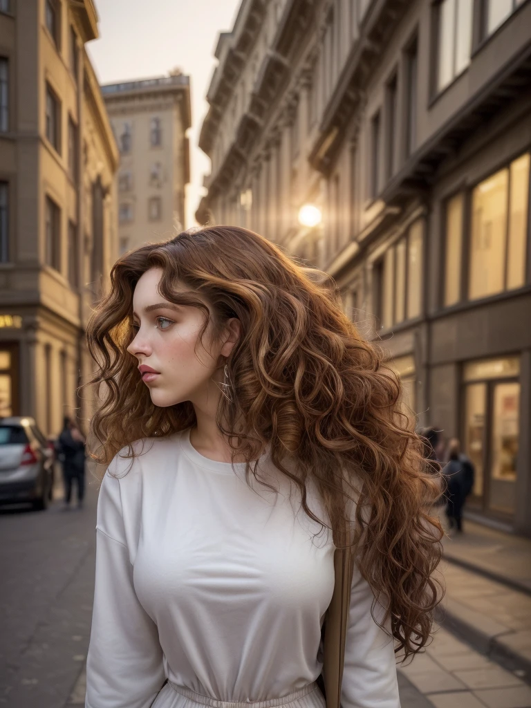 A photorealistic portrait of a young European female model with big, curly brown hair, wearing fashionable street clothes, shown in a mid-shot capturing her confident stance, 6k resolution, intricate details on her hair texture and clothing, set against a urban street backdrop with a mix of modern and classical architecture, highlighted by soft evening sunset lighting.