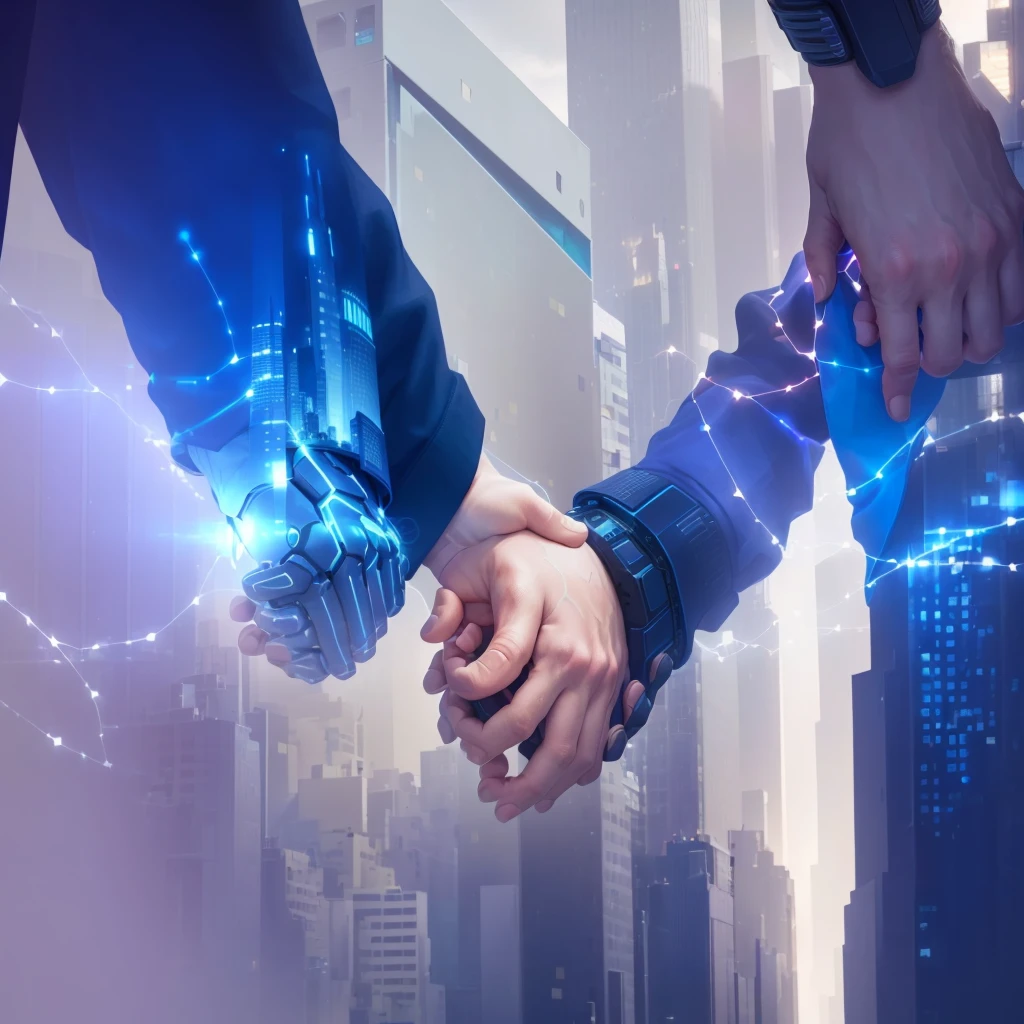 arafed image of two men Handshake in front of a city, Endless collaboration with artificial intelligence, High-quality images, By Micha Klein, Realistic depiction, Ad Image, Handshake, On a dark background, photo,