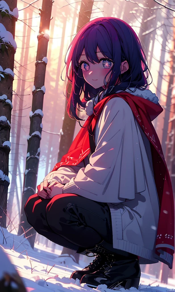aihoshino, Ai Hoshino, Long Hair, bangs, (Purple eyes:1.1), Purple Hair, (Symbol-shaped pupil:1.5), smile,,smile,blush,White Breath,
Open your mouth,snow,Ground bonfire, Outdoor, boots, snowing, From the side, wood, suitcase, Cape, Blurred, , forest, White handbag, nature, Squat, Mouth closed, Cape, winter, Written boundary depth, Black shoes, red Cape break looking at viewer, Upper Body, whole body, break Outdoor, forest, nature, break (masterpiece:1.2), Highest quality, High resolution, unity 8k wallpaper, (shape:0.8), (Beautiful and beautiful eyes:1.6), Highly detailed face, Perfect lighting, Extremely detailed CG, (Perfect hands, Perfect Anatomy),