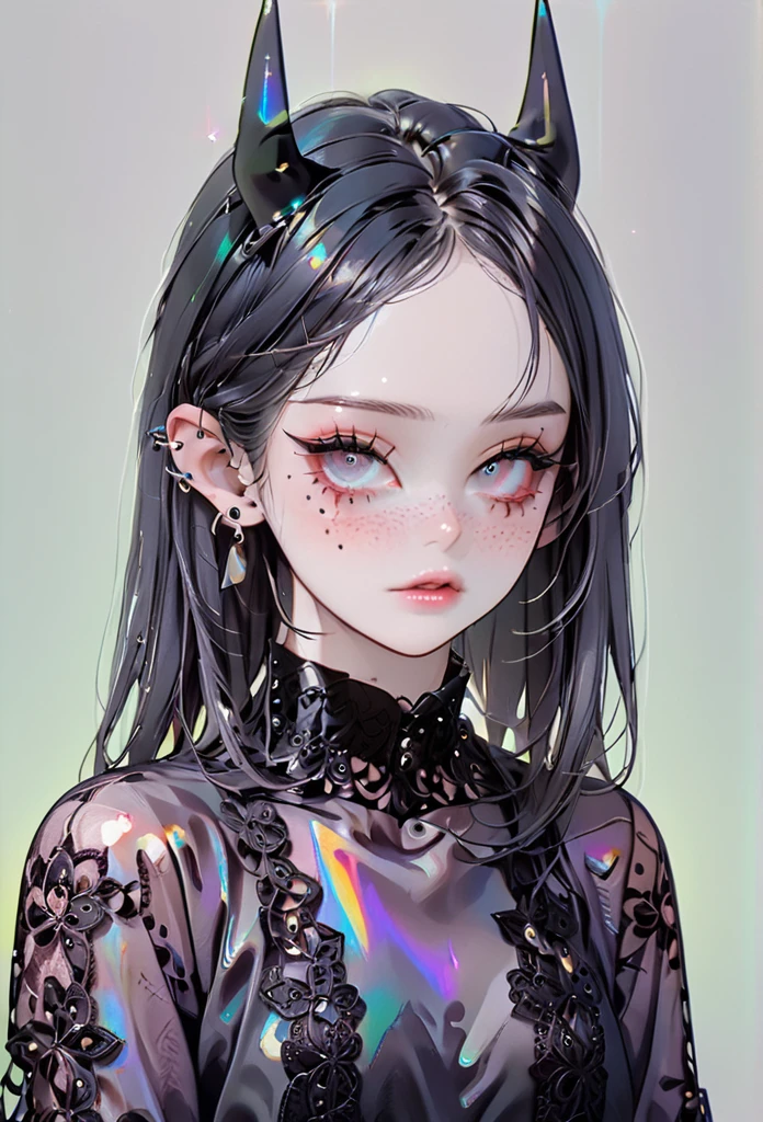 pale devil girl , ((above the waist)), shot from very far away, (largeeyes, The eyes are delicate and beautiful., beautiful and delicate face, full body details), (prism shading, holographic environment, chromatic:1.2) Black lace shirt, gothic background, (long right angle:1.2) Sneakers with socks,