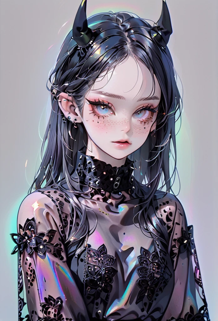 pale devil girl , ((above the waist)), shot from very far away, (largeeyes, The eyes are delicate and beautiful., beautiful and delicate face, full body details), (prism shading, holographic environment, chromatic:1.2) Black lace shirt, gothic background, (long right angle:1.2) Sneakers with socks,