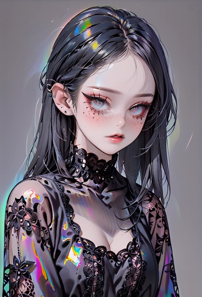pale devil girl , ((above the waist)), shot from very far away, (largeeyes, The eyes are delicate and beautiful., beautiful and delicate face, full body details), (prism shading, holographic environment, chromatic:1.2) Black lace shirt, gothic background, (long right angle:1.2) Sneakers with socks,