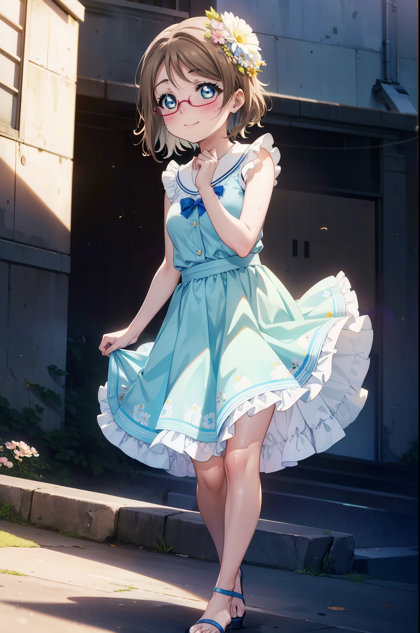 Yo Watanabe, Watanabe Yo, short hair, blue eyes, Brown Hair, smile, blush,Open your mouth,Flower Hair Ornaments,Black-rimmed glasses,Light blue sleeveless dress,Long skirt,Cute heeled sandals,Walking,Daytime,Clear skies,whole bodyがイラストに入るように
break outdoors, ビル街
break looking at viewer, whole body,
break (masterpiece:1.2), Highest quality, High resolution, unity 8k wallpaper, (figure:0.8), (Beautiful attention to detail:1.6), Highly detailed face, Perfect lighting, Highly detailed CG, (Perfect hands, Perfect Anatomy),