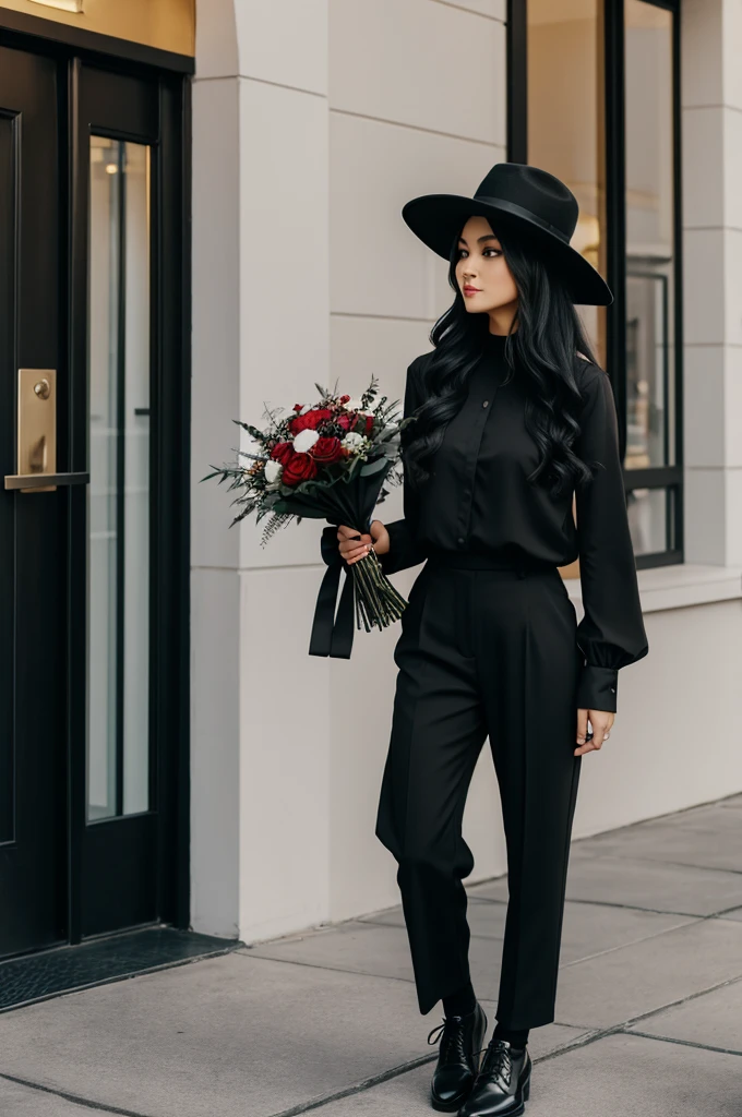 female character, long black fur, black hat, long sleeve black blouse, black pantaloon, black shoes, bouquet of flowers in hand. 