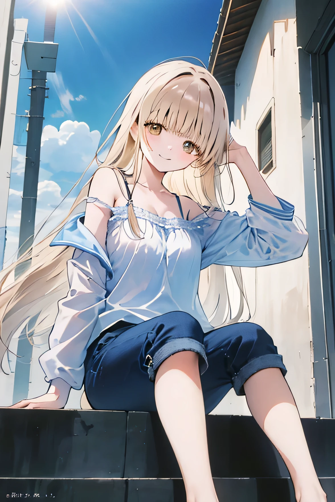 Best masterpiece, anime coloring, ultra-detail, 8k、((Sitting on the open corridor))、summer, morning, sun、White off-shoulder jeans with shorts、from below、looking down、smile