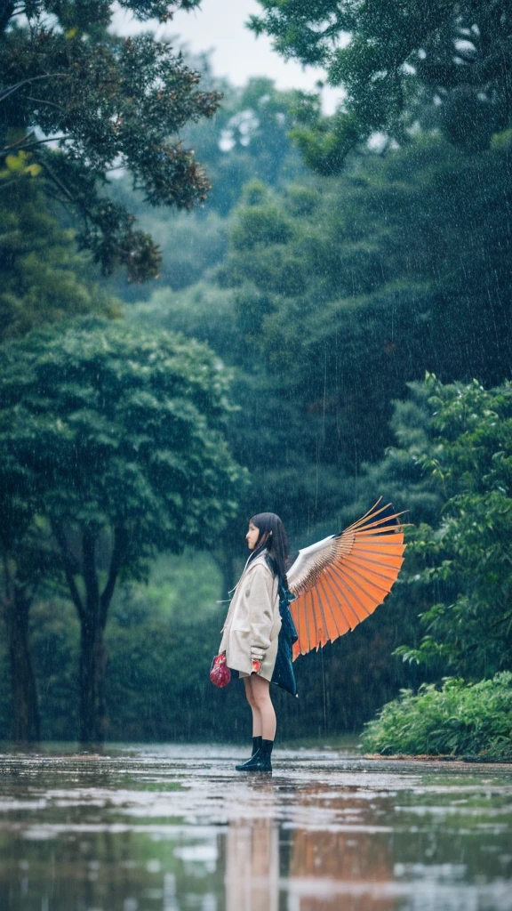 ((crane))、bird、Rainy Sky、1girl,from below