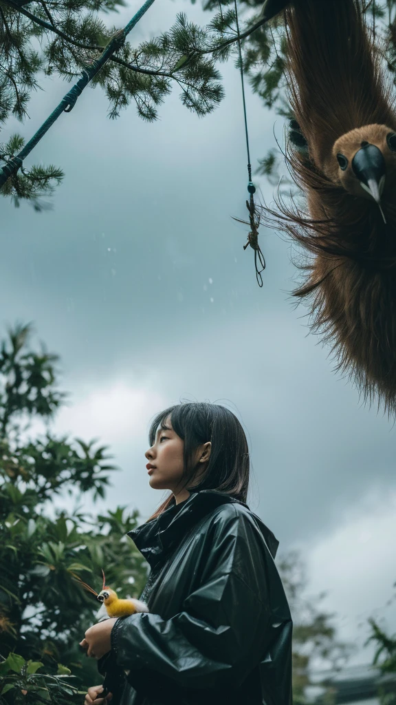 ((crane))、bird、Rainy Sky、1girl,from below