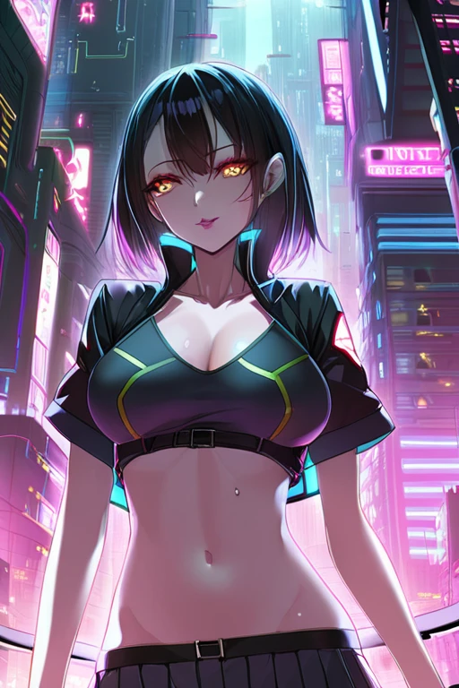 Black Hair、semi-long、high school girl、breasts are very small、The background is a cyberpunk cityscape.、