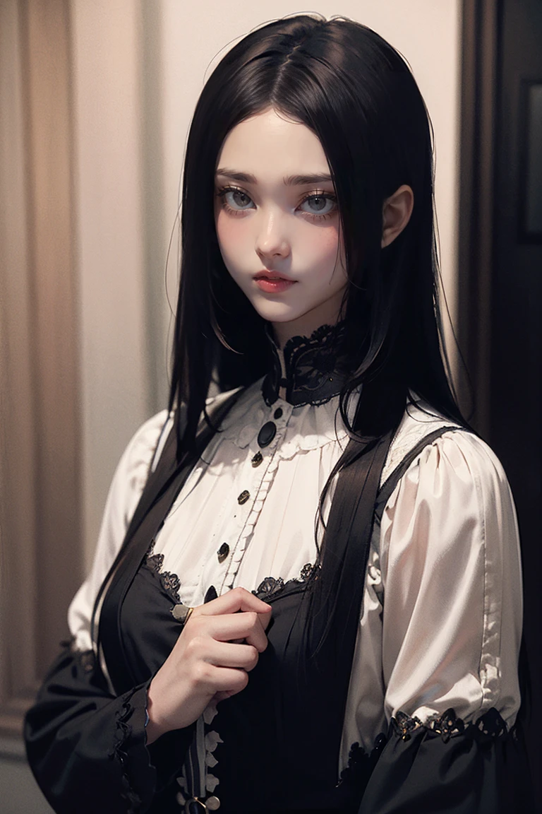 (high quality: 1.3), Cinematic shots, masterpiece, (Sharp focus: 1.5), (Realistic: 1.3), (Beautiful young vampire woman, Pale skin, Gothic, Still proud、intense, Straight long black hair, Dark look, Wearing a very finely crafted dark tunic, Dark atmosphere, but、Sculpting shapes with sharp chiaroscuro), It's night, (Highly detailed skin), (Detailed face), Detailed Background, Dim lighting, dusk lighting, Volumetric lighting, Intricate details, Ultra-high resolution,Full Body Shot,Large Breasts,Small waist