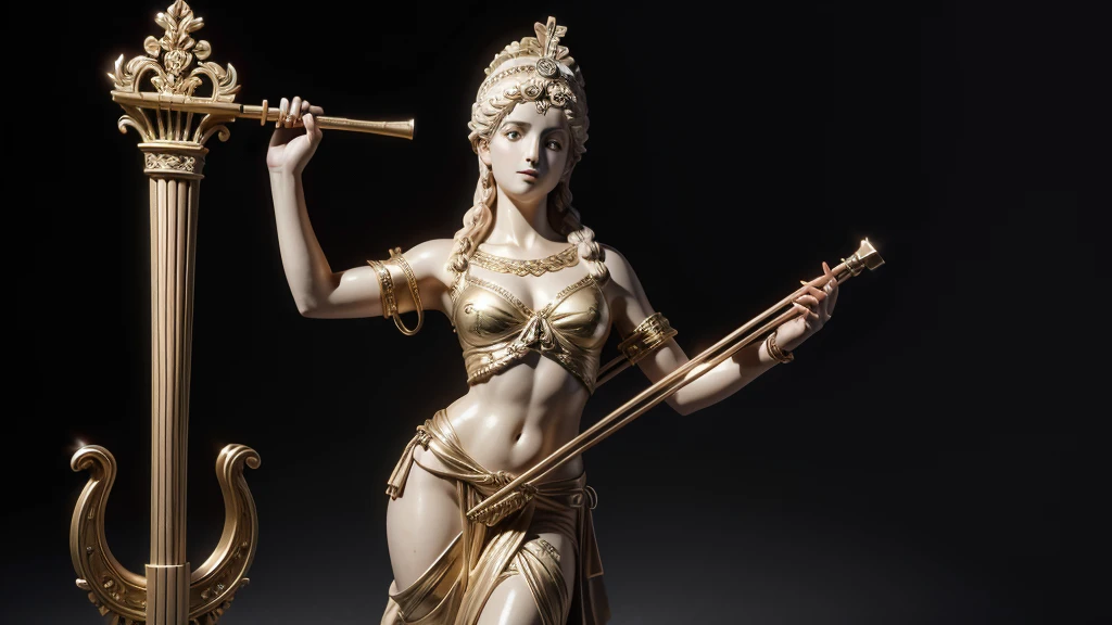 A Greek statue on a dark background with a lyre (instrument)