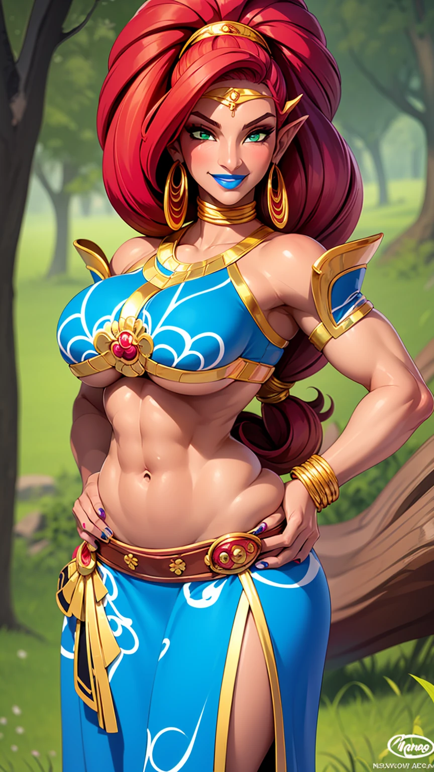 best quality, high resolution, large breasts, red hair, blush, smile, cowboy shot, looking at viewer, Urbosa, blue lip, Green eyes,