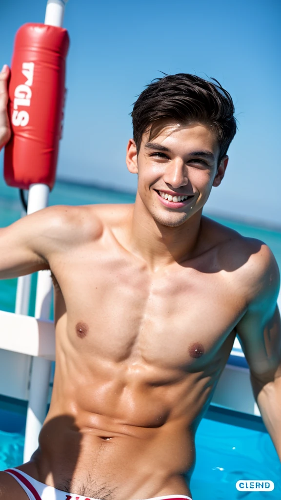 male Age 27 swimwear lifeguard topless smile