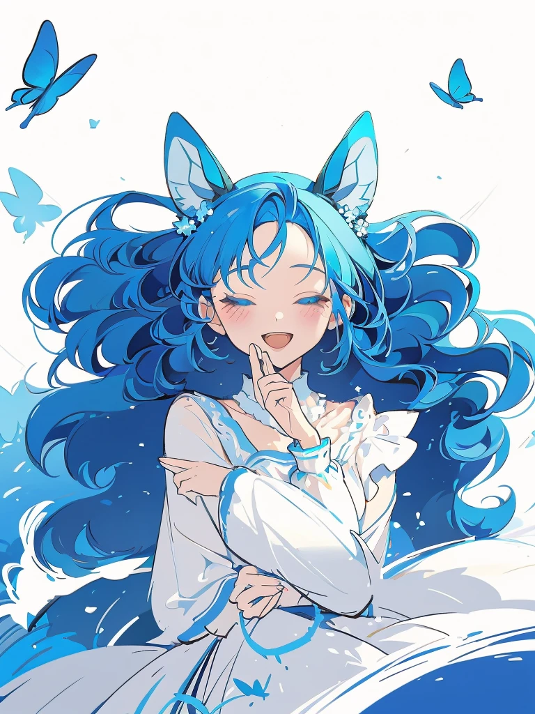 bust-up, 1girl, tosca blue hair, butterfly picking up strands of hair, blue flower, deer ears, white deer antlers, elegant white dress, happy expression, splash cool background, solo, sketch, portrait, dynamic pose