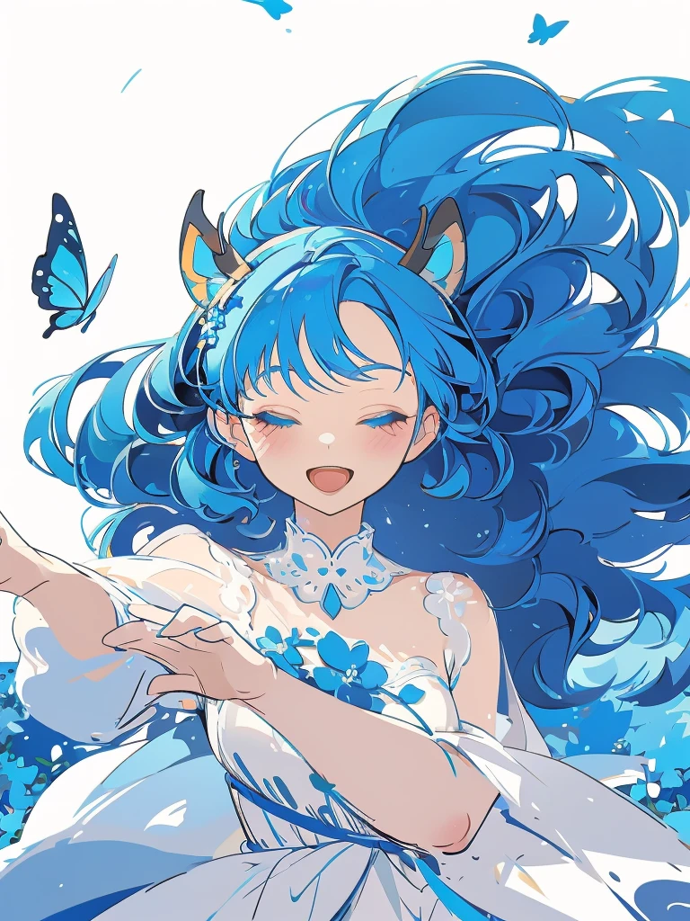 bust-up, 1girl, tosca blue hair, butterfly picking up strands of hair, blue flower, deer ears, white deer antlers, elegant white dress, happy expression, splash cool background, solo, sketch, portrait, dynamic pose