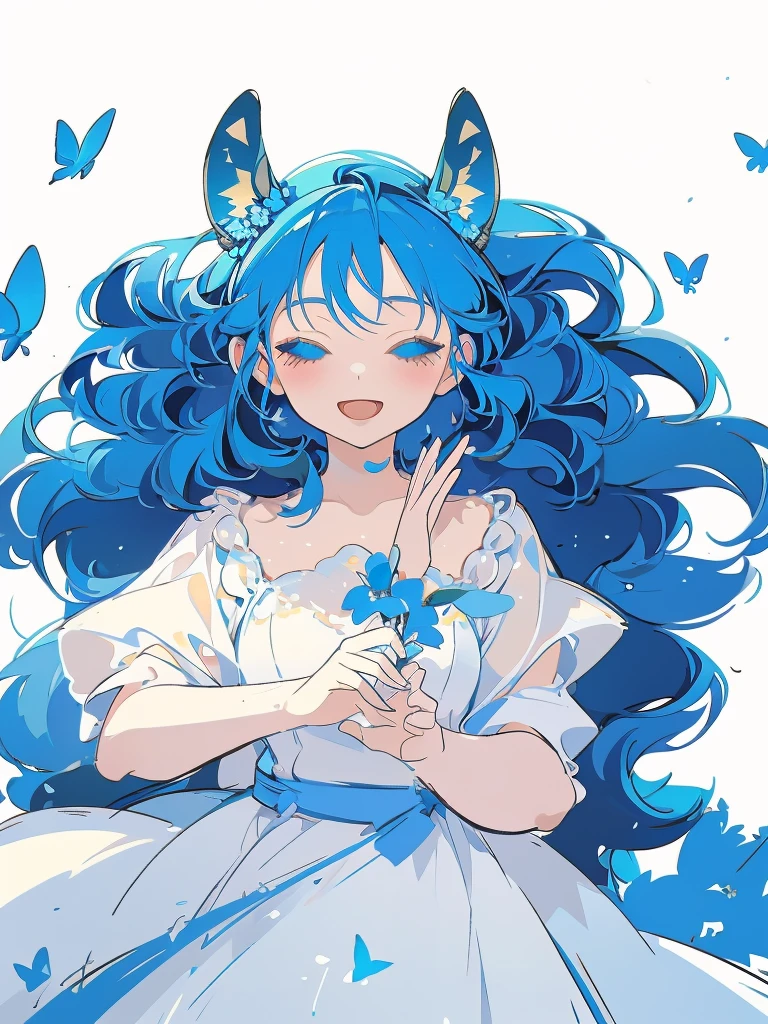 bust-up, 1girl, tosca blue hair, butterfly picking up strands of hair, blue flower, deer ears, white deer antlers, elegant white dress, happy expression, splash cool background, solo, sketch, portrait, dynamic pose