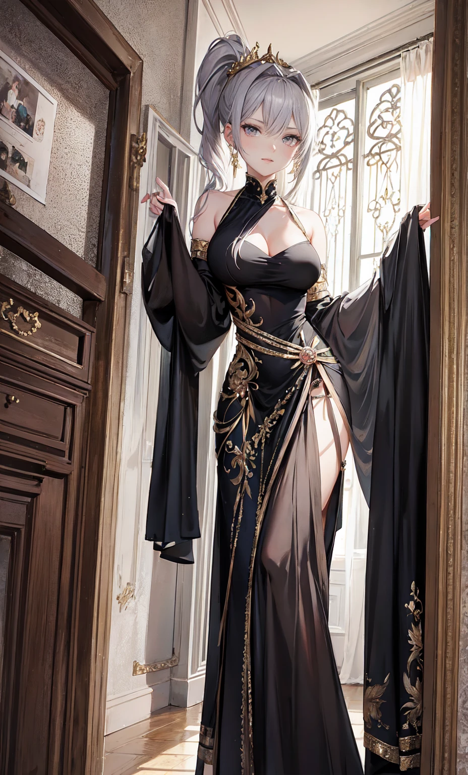 Noble Mansion,(gray hair:2.0),High, slender ponytail,Gold headband,stand close.,dream world,mature woman,(The phoenix's blue eyes were slender.,lipstick,Long eyelashes),Long eyelashes,contact lens,Gemstone Gold Necklace,(Off-the-shoulder blue fur dress,top of fur pipe,Strapless fur,wide wrist,long skirt,belt:2.0),top of fur pipe(big breast)Ballroom Background,(Soft light and shadow:1.9),elegant high heels,Detailedly drawn background,big breasts,Show your breasts,The cracks are clear...,((big tits)),(pubic bone), rift, visible chest, Show your breastsของคุณ, open chest,((bare breast:1.37)), I see bulging nipples.,(((large areolae:1.4,pink,The nipples are clearly visible.....)))