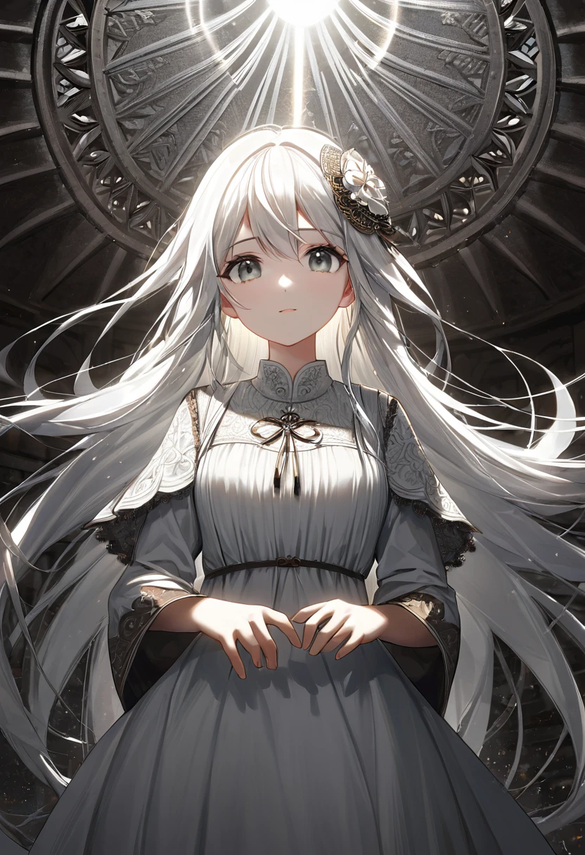 a peasant girl in a white dress, long hair, white hair, beautiful gray eyes, small metal hairpin on hair upward,detailed clothing, serene expression,(best quality,4k,8k,highres,masterpiece:1.2),ultra-detailed,cinematic lighting,intricate texture,elegant,simple background