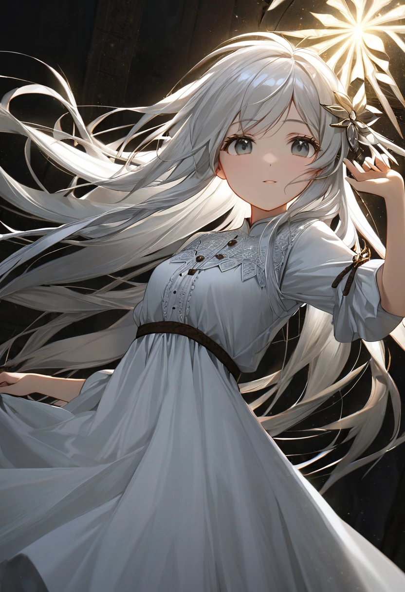 a peasant girl in a white dress, long hair, white hair, beautiful gray eyes, small metal hairpin on hair upward,detailed clothing, serene expression,(best quality,4k,8k,highres,masterpiece:1.2),ultra-detailed,cinematic lighting,intricate texture,elegant,simple background