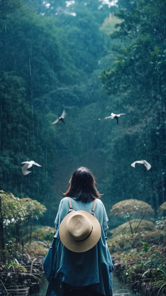 ((crane))、bird、Rainy Sky、1girl,from below