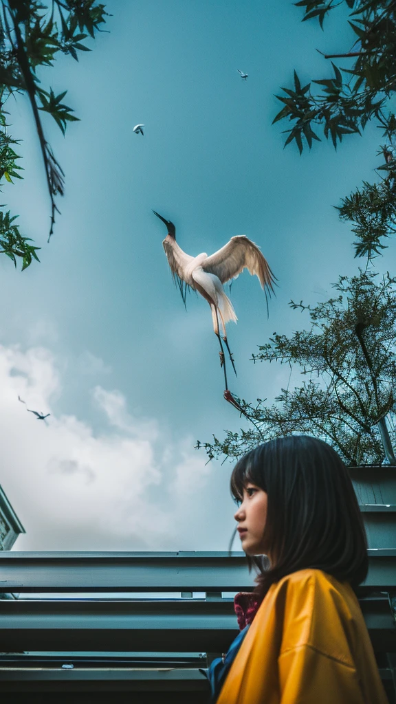 ((crane))、bird、Rainy Sky、1girl,from below