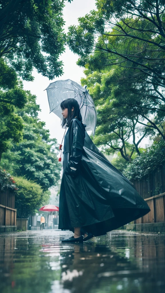 ((crane))、bird、Rainy Sky、1girl,from below