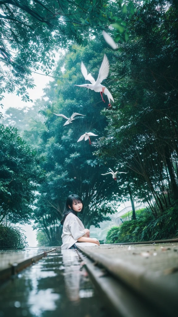 ((crane))、bird、Rainy Sky、1girl,from below