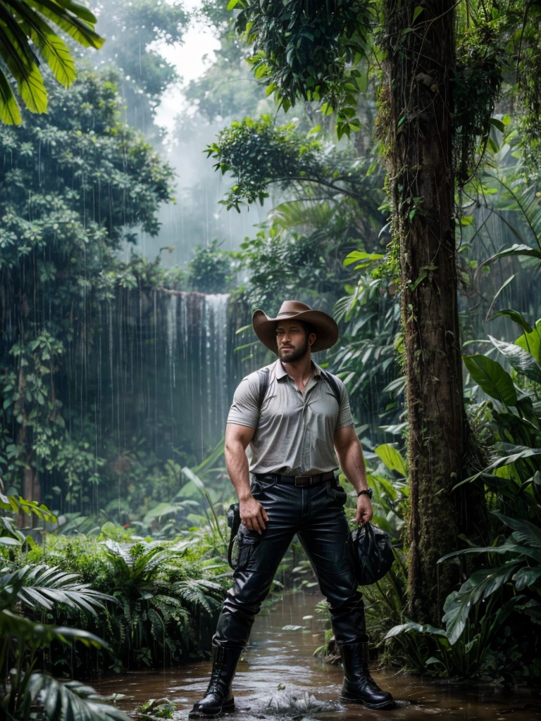 ((Realistic lighting, best qualtiy, 8K, ultra Realistic,masterpiece:1.3)), sharp focus:1.2, of a fat male, nerdy face, spectacles,  perfect body, sharp detailed body, realistic face, Highly detailed face, cowboy hat, trousers, shirts, boots, adventurer，explorer，sweating, wet, hiking，full body view((adventurer)),holding binoculars,jungles,oases,giant and wet trees, amazon, anaconda, panther, mist, rain