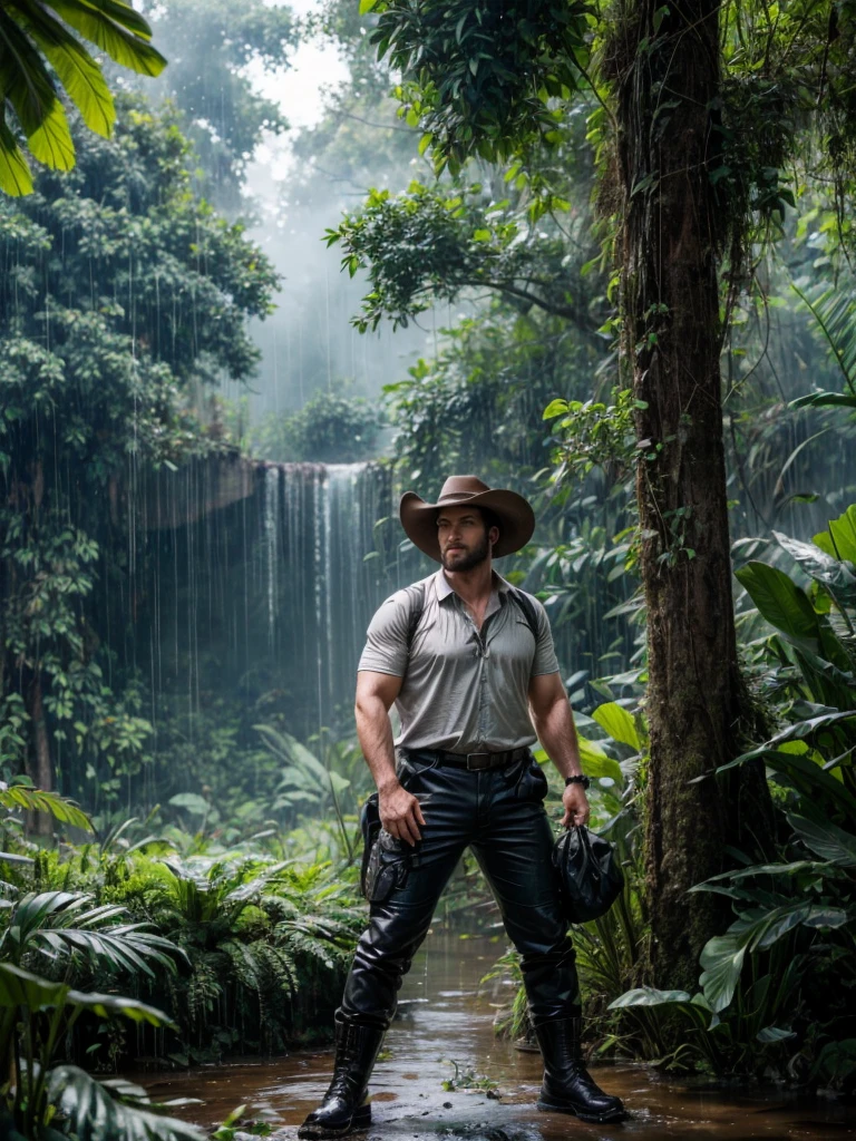 ((Realistic lighting, best qualtiy, 8K, ultra Realistic,masterpiece:1.3)), sharp focus:1.2, of a fat male, nerdy face, spectacles, perfect body, sharp detailed body, realistic face, Highly detailed face, cowboy hat, trousers, shirts, boots, adventurer,explorer,sweating, wet, hiking,full body view((adventurer)),holding binoculars,jungles,oases,giant and wet trees, amazon, anaconda, panther, mist, rain
