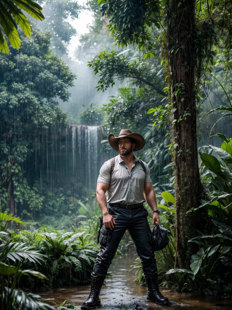 ((Realistic lighting, best qualtiy, 8K, ultra Realistic,masterpiece:1.3)), sharp focus:1.2, of a fat male, nerdy face, spectacles,  perfect body, sharp detailed body, realistic face, Highly detailed face, cowboy hat, trousers, shirts, boots, adventurer，explorer，sweating, wet, hiking，full body view((adventurer)),holding binoculars,jungles,oases,giant and wet trees, amazon, anaconda, panther, mist, rain
