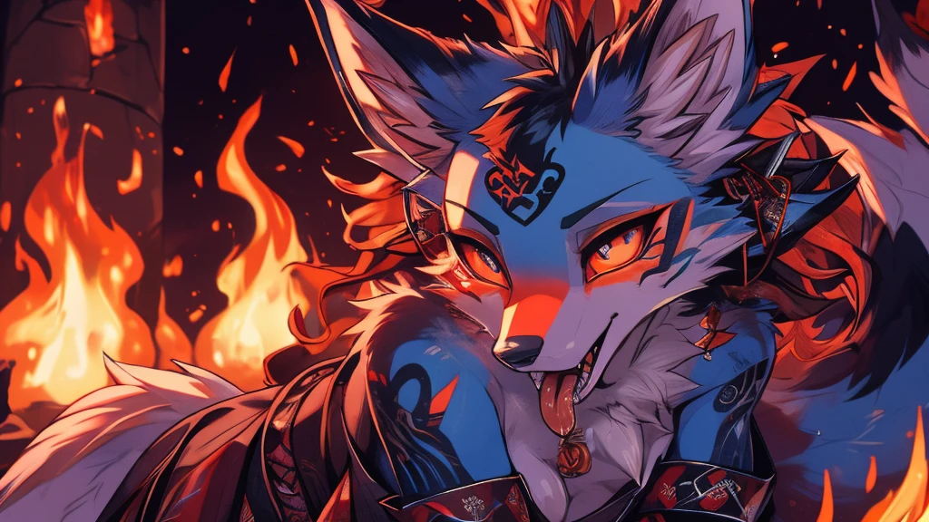 Kitsune 9 tails, add high definition_detail:1, blue fur,kitsune ears, tribal tattoo add_detail:1, in hell add_detail, batwigns add_detail Fer yokai kitsune, long snake tongue add_detail:1, drooling, rolling eyes