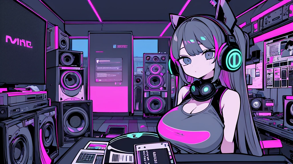 Best quality, (masterpiece), best detail face,1 girl, big breasts, 18 yo, 8k,absurdres,unity 8k wall paper,(extremely detailed:1.3), highest realistic, (retro headphones:), (soft neon light:), (psychedelic), Her room full of music equipment and records, sports wear , See the whole room , dark grey color pallet