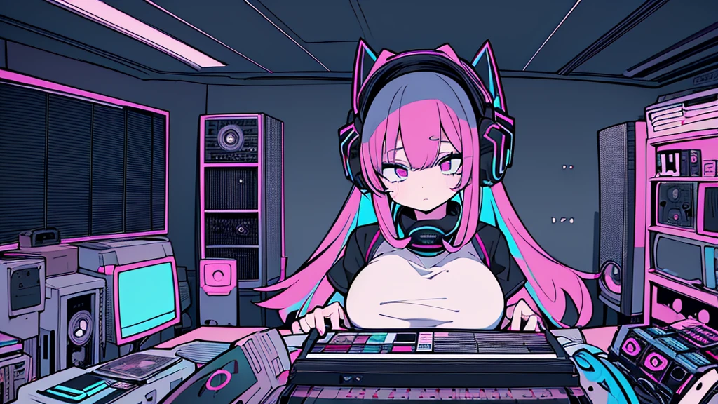 Best quality, (masterpiece), best detail face,1 girl, big breasts, 18 yo, 8k,absurdres,unity 8k wall paper,(extremely detailed:1.3), highest realistic, (retro headphones:), (soft neon light:), (psychedelic), Her room full of music equipment and records, sports wear , See the whole room , dark grey color pallet