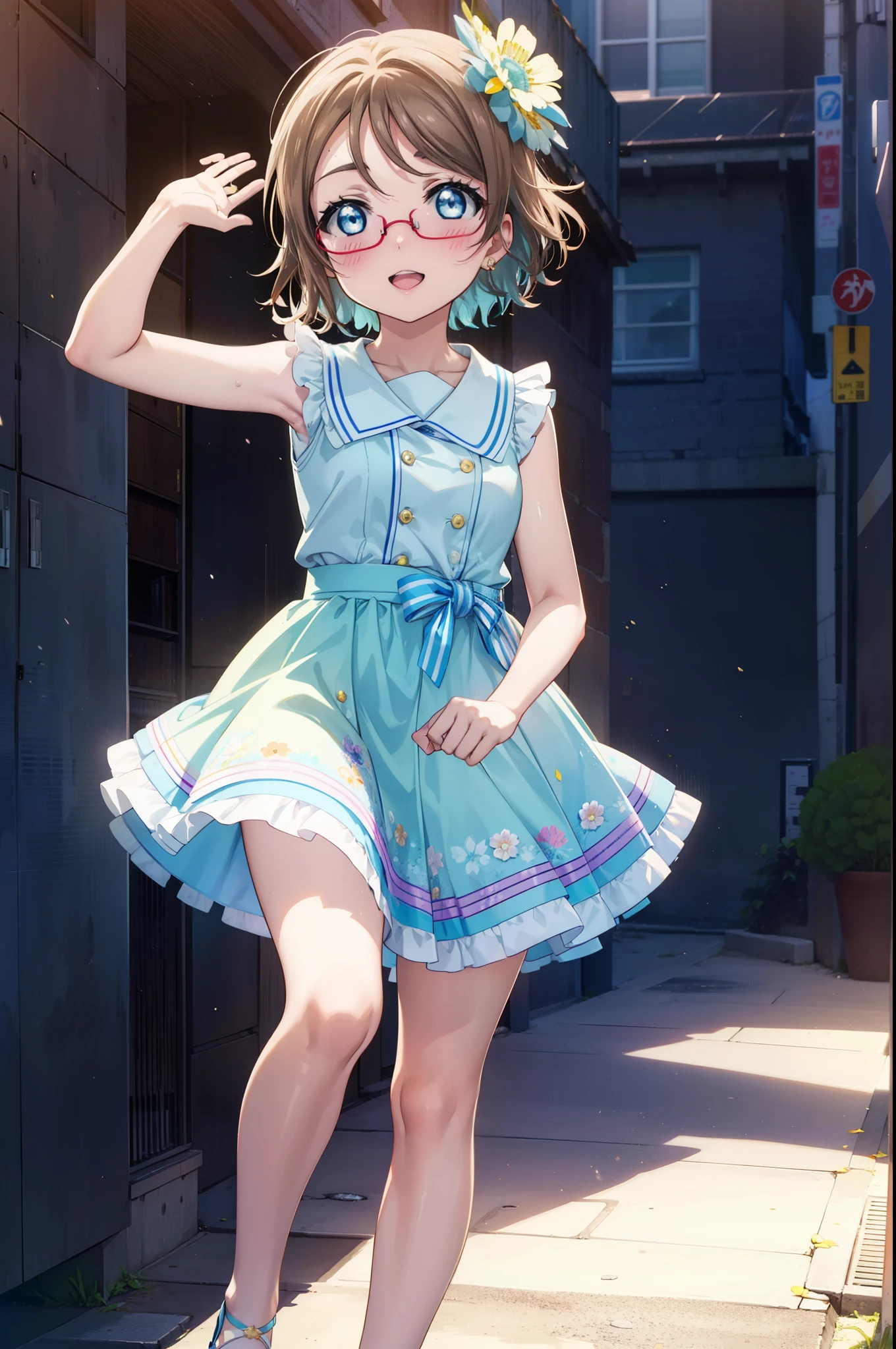 Yo Watanabe, Watanabe Yo, short hair, blue eyes, Brown Hair, smile, blush,Open your mouth,Flower Hair Ornaments,Black-rimmed glasses,Light blue sleeveless dress,Long skirt,Cute heeled sandals,Walking,Daytime,Clear skies,whole bodyがイラストに入るように
break outdoors, Building district,In town,
break looking at viewer, whole body,
break (masterpiece:1.2), Highest quality, High resolution, unity 8k wallpaper, (figure:0.8), (Beautiful attention to detail:1.6), Highly detailed face, Perfect lighting, Highly detailed CG, (Perfect hands, Perfect Anatomy),