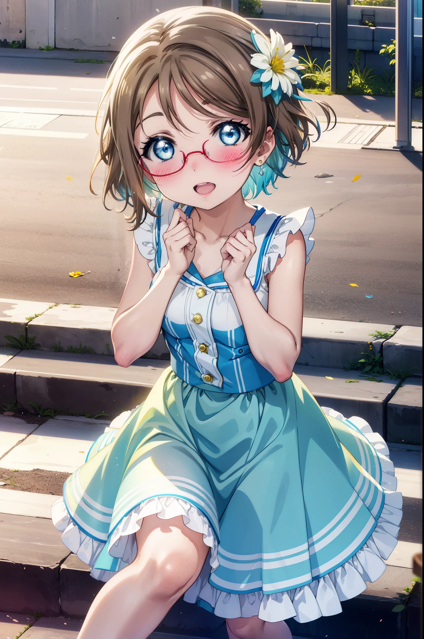 Yo Watanabe, Watanabe Yo, short hair, blue eyes, Brown Hair, smile, blush,Open your mouth,Flower Hair Ornaments,Black-rimmed glasses,Light blue sleeveless dress,Long skirt,Cute heeled sandals,Walking,Daytime,Clear skies,whole bodyがイラストに入るように
break outdoors, Building district,In town,
break looking at viewer, whole body,
break (masterpiece:1.2), Highest quality, High resolution, unity 8k wallpaper, (figure:0.8), (Beautiful attention to detail:1.6), Highly detailed face, Perfect lighting, Highly detailed CG, (Perfect hands, Perfect Anatomy),