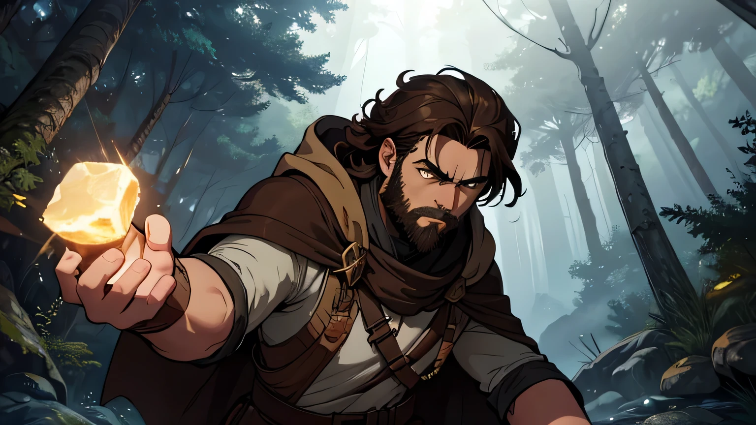 Worried-faced man with dark brown beard, long dark brown hair, light yellow-brown eyes and dark brown and light brown tunic from the 4th century BC. C., with a light brown cloak, about 50 years old, throwing brown rock with his hand, in a dark and mysterious forest at night, movement scene in the forest, changing lighting, hyperrealistic, cinematic lighting,