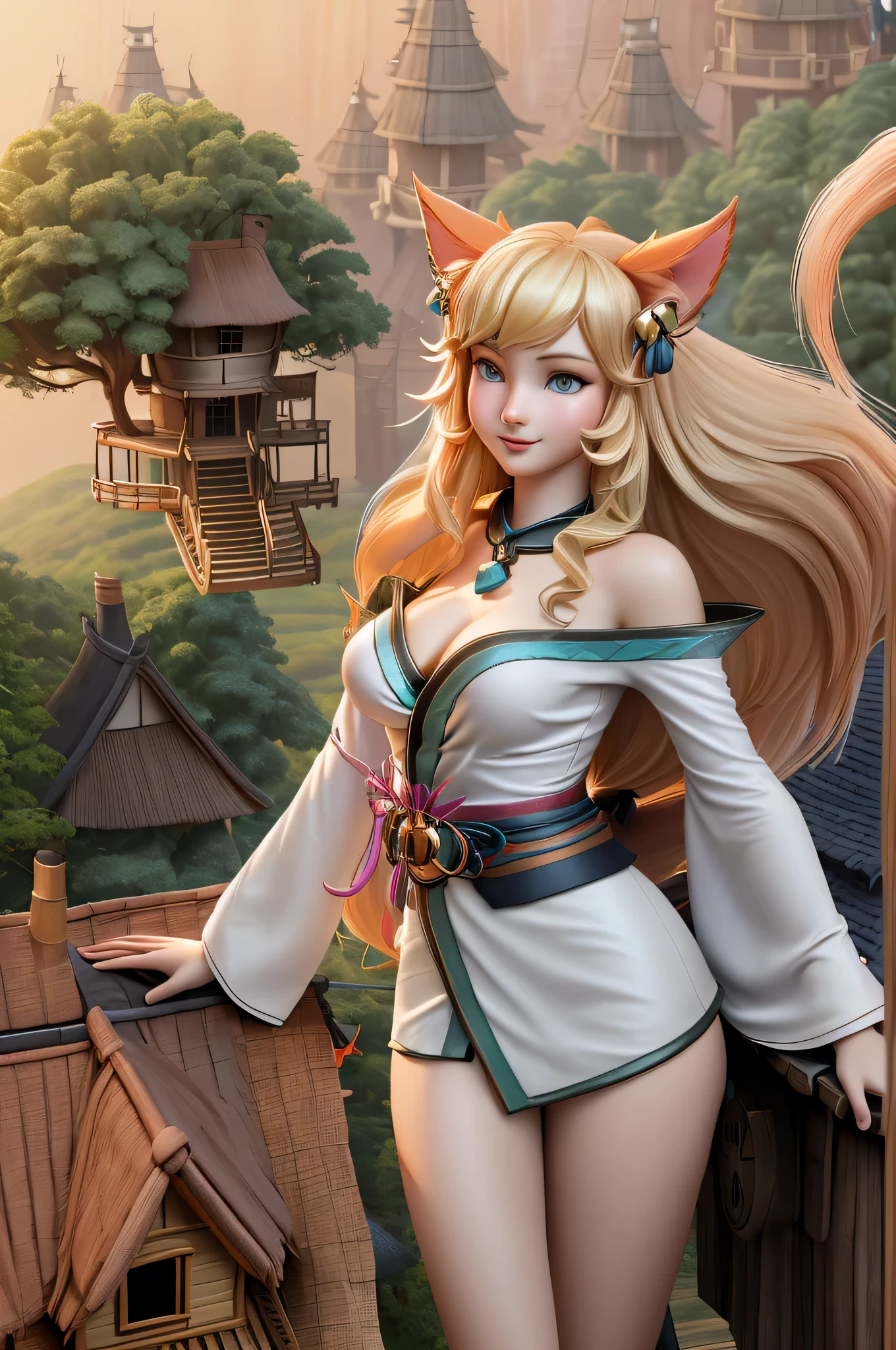 close up 1girl in, Ahri, league of legends, teenager, Solo, long hair, super long blond hair, pale skin, full medium breasts, cleavage, runners body, (thin hips, thin waist: 1.25), (arched back:1.12), detailed skin, neutral face, mischievous smile, revealing clothes, (wearing fox ears, fox tails, off the shoulder kimono: 1.1), (detailed tree house village background:1.4), dark rooftop, overlooking apocalyptic city, 4k textures, soft light, elegant, highly detailed, sharp focus, soothing tones, insane details, intricate details, hyperdetailed, low contrast, exposure blend, hdr, faded