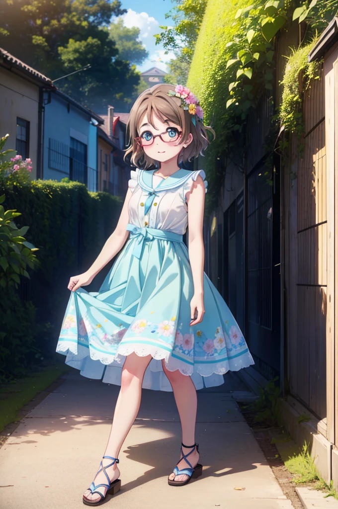 Yo Watanabe, Watanabe Yo, short hair, blue eyes, Brown Hair, smile, blush,Open your mouth,Flower Hair Ornaments,Black-rimmed glasses,Light blue sleeveless dress,Long skirt,Cute heeled sandals,Walking,Daytime,Clear skies,whole bodyがイラストに入るように
break outdoors, Building district,In town,
break looking at viewer, whole body,
break (masterpiece:1.2), Highest quality, High resolution, unity 8k wallpaper, (figure:0.8), (Beautiful attention to detail:1.6), Highly detailed face, Perfect lighting, Highly detailed CG, (Perfect hands, Perfect Anatomy),